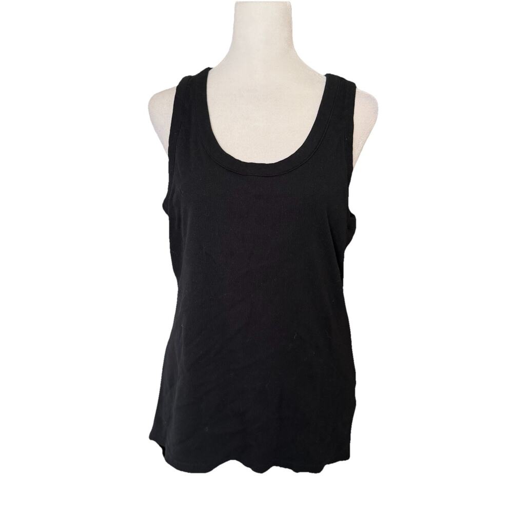 Papinelle Womens XL Pajama Tank Top Black Ribbed Shelf Bra Scoop Neck Shirt